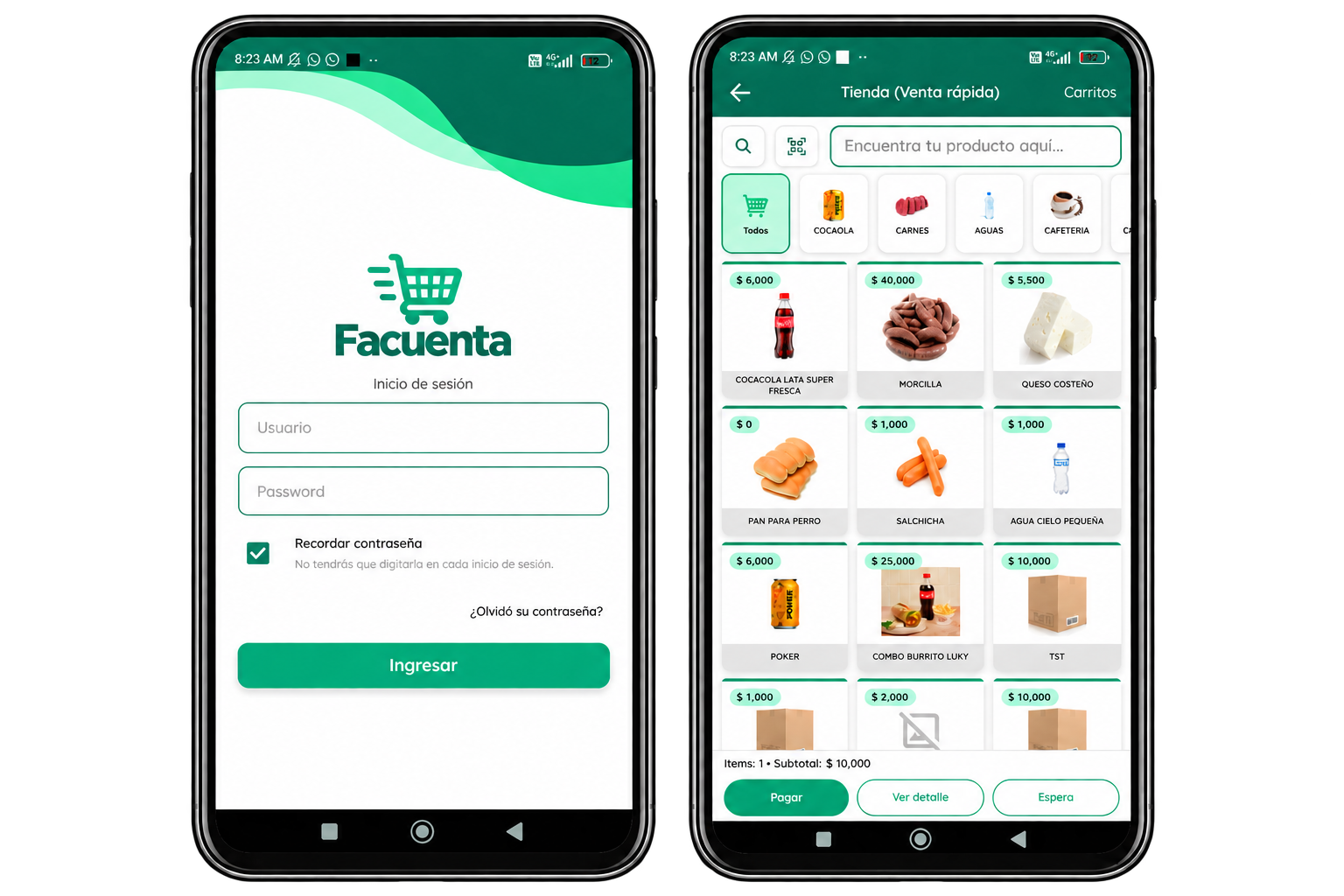 Vista ilustrativa de Facuenta POS en móvil: inicio de sesión y venta rápida con productos