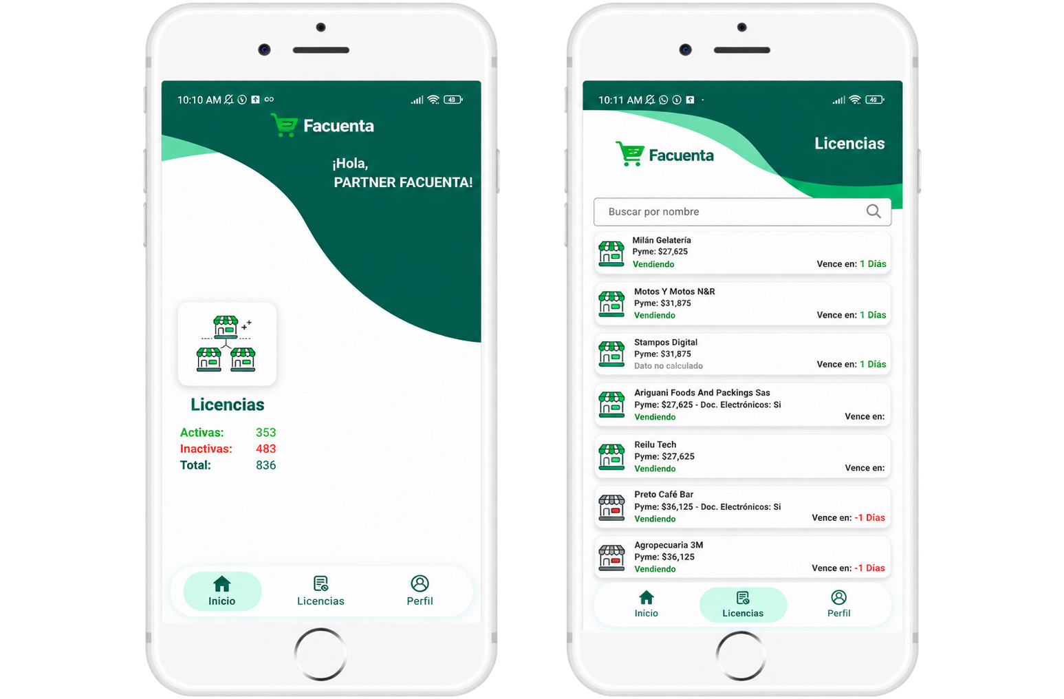 Vista ilustrativa de la app de partners Facuenta: resumen y gestión de licencias